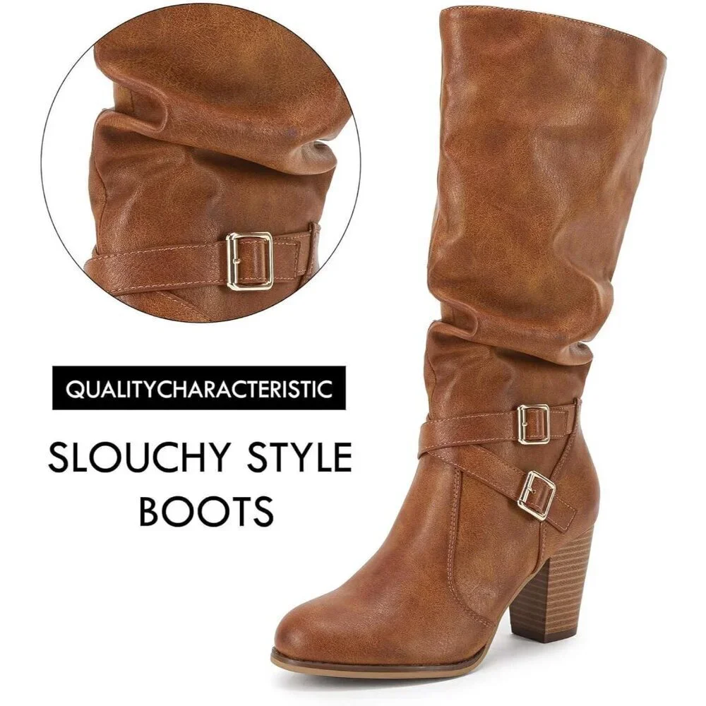 Women Brown Mid Knee High Boots Chunky Heel Slouchy Metal Buckle Winter Shoes